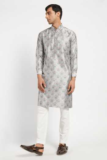 Buy_Rabani & Rakha_Grey Kurta Crepe Pant Cotton Silk Printed Set _Online_at_Aza_Fashions