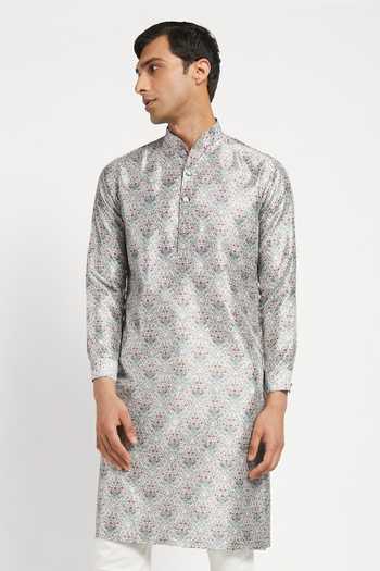 Shop_Rabani & Rakha_Grey Kurta Crepe Pant Cotton Silk Printed Set _Online_at_Aza_Fashions