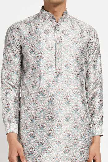 Rabani & Rakha_Grey Kurta Crepe Pant Cotton Silk Printed Set _at_Aza_Fashions