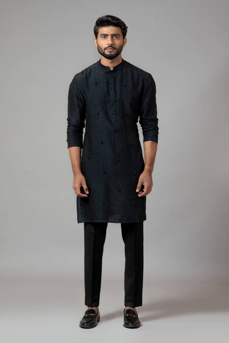 PAARSH Black Kurta Bamberg Silk Pajama Pant Malai Cotton Embroidered Set Online at Aza Fashions PAARSH_Black Kurta Bamberg Silk Pajama Pant Malai Cotton Embroidered Set _Online_at_Aza_Fashions