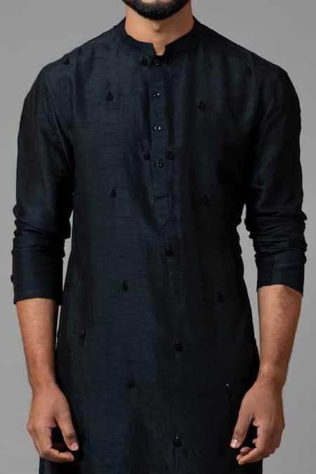 Shop PAARSH Black Kurta Bamberg Silk Pajama Pant Malai Cotton Embroidered Set Online at Aza Fashions Shop_PAARSH_Black Kurta Bamberg Silk Pajama Pant Malai Cotton Embroidered Set _Online_at_Aza_Fashions