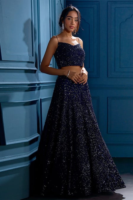 Buy Angad Singh Blue Net Interlining Satin V Neck Embroidered Blouse And Lehenga Set Online at Aza Fashions Buy_Angad Singh_Blue Net Interlining Satin V Neck Embroidered Blouse And Lehenga Set _Online_at_Aza_Fashions