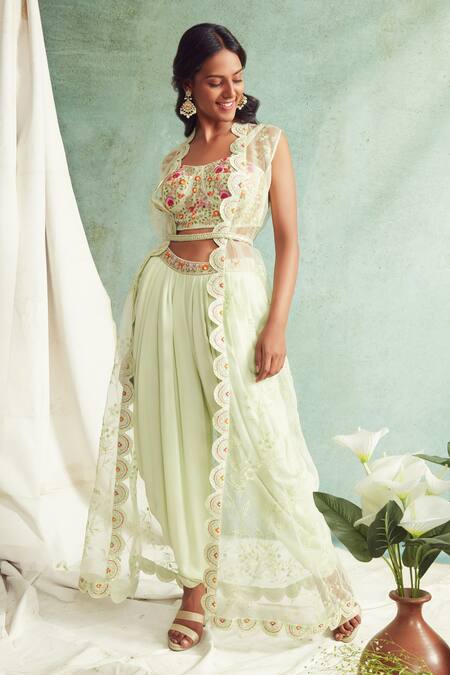 Priyanka Jain Green Cape Organza, Dhoti Pant Crepe Chanderi Sweetheart Neck And Set Online at Aza Fashions Priyanka Jain_Green Cape Organza, Dhoti Pant Crepe Chanderi Sweetheart Neck And Set _Online_at_Aza_Fashions