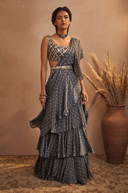 Aneesh Agarwaal Printed Pre-Draped Saree With Blouse 