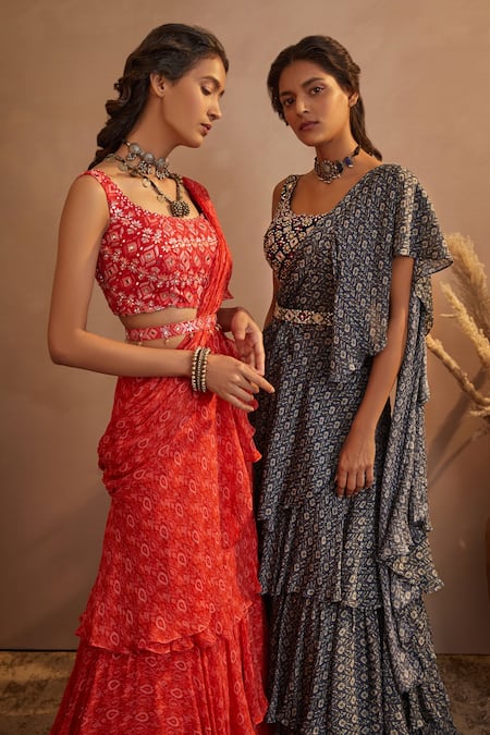 Buy_Aneesh Agarwaal_Blue Chinon Chiffon Abstract Print, Mirror, Sequin Pre-draped Saree With Blouse _Online_at_Aza_Fashions