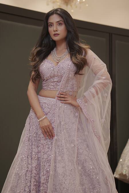 Kalighata_Purple Net Floral Sweetheart Neck Embroidered Bridal Lehenga Set_Online_at_Aza_Fashions