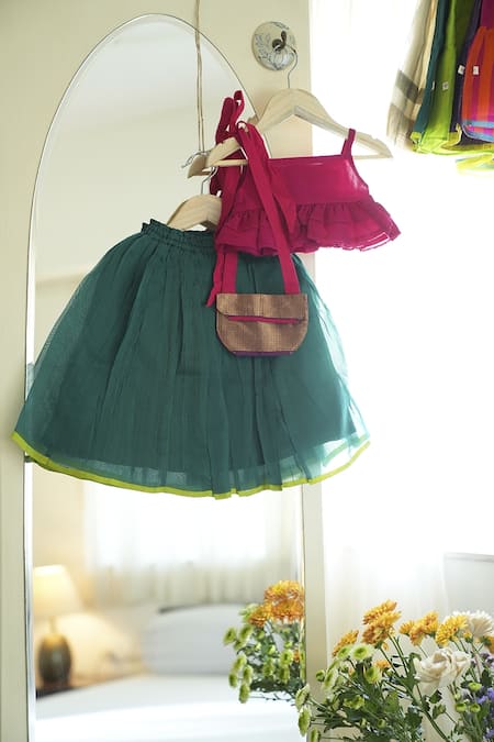 Shop Love The World Today Green Handloom Cotton Ruffles Dahlia Lehenga And Tiered Blouse Set at Aza Fashions Shop_Love The World Today_Green Handloom Cotton Ruffles Dahlia Lehenga And Tiered Blouse Set_at_Aza_Fashions