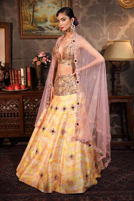 Laxmishriali_Yellow Dupatta- Net, Lehenga And Blouse - Dupion Digital Print, Beads & Set _Online_at_Aza_Fashions