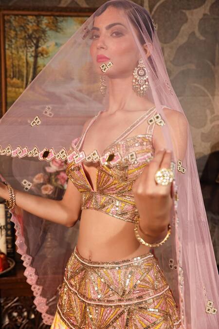 Buy_Laxmishriali_Yellow Dupatta- Net, Lehenga And Blouse - Dupion Digital Print, Beads & Set _Online_at_Aza_Fashions