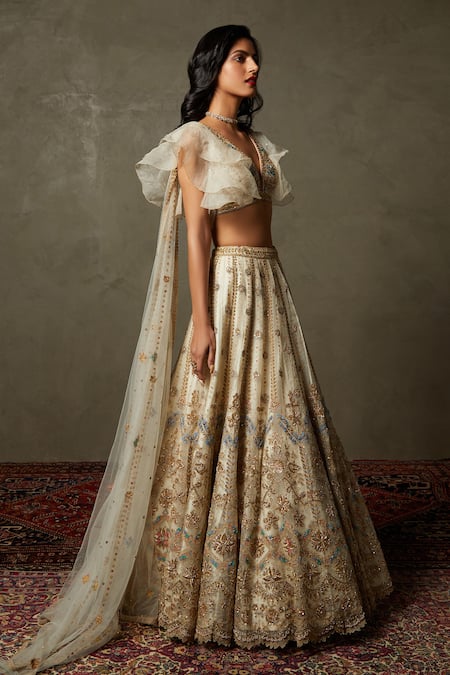 Shop_RI.Ritu Kumar_White Blouse Organza And Polyester Net, Lehenga Embroidered & Set _Online_at_Aza_Fashions