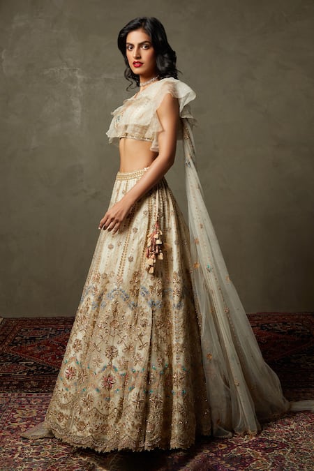 RI.Ritu Kumar_White Blouse Organza And Polyester Net, Lehenga Embroidered & Set _at_Aza_Fashions