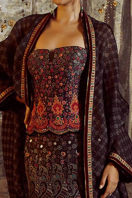Shop_Tarun Tahiliani_Multi Color Cape-silk Organza, Lehenga And Blouse-silk Printed & Silk Cape Set_Online_at_Aza_Fashions
