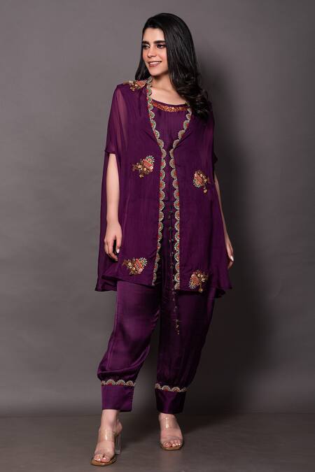 Vara By Vibha N Priti_Purple Silk, Organza, Chanderi Embroidery, Sequins Round Cape Afghani Pant Set _Online_at_Aza_Fashions