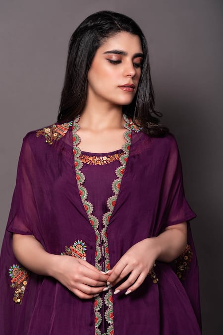 Buy_Vara By Vibha N Priti_Purple Silk, Organza, Chanderi Embroidery, Sequins Round Cape Afghani Pant Set _Online_at_Aza_Fashions