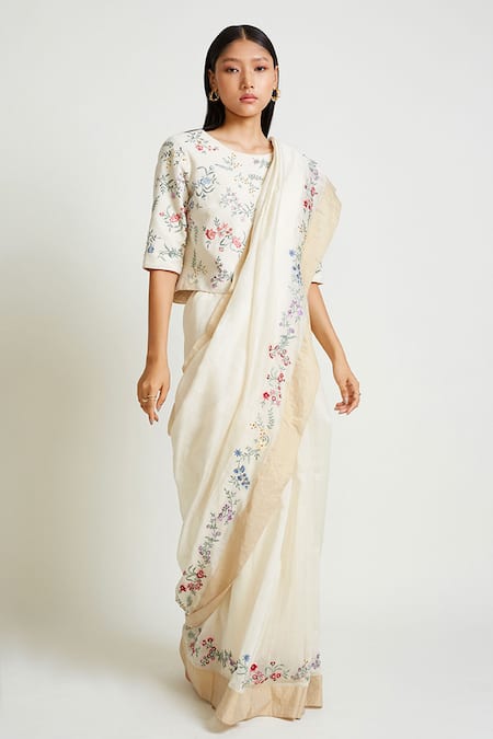 Payal Pratap_Beige Chanderi Embroidered Saree  _Online_at_Aza_Fashions