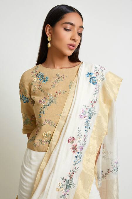 Buy_Payal Pratap_Beige Chanderi Embroidered Saree  _Online_at_Aza_Fashions