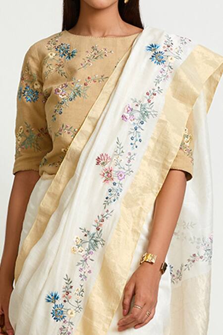 Shop_Payal Pratap_Beige Chanderi Embroidered Saree  _Online_at_Aza_Fashions