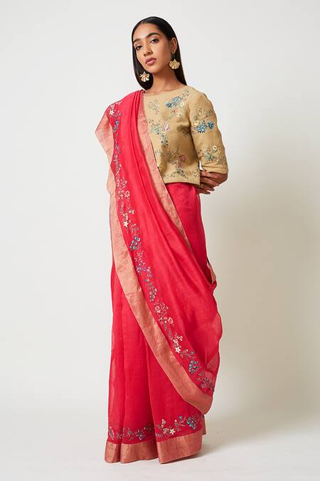 Payal Pratap_Pink Chanderi Floral Motifs, Jaal Work Acestes Embroidered Saree _Online_at_Aza_Fashions