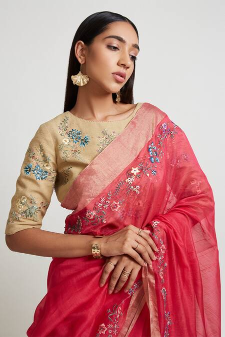 Buy_Payal Pratap_Pink Chanderi Floral Motifs, Jaal Work Acestes Embroidered Saree _Online_at_Aza_Fashions