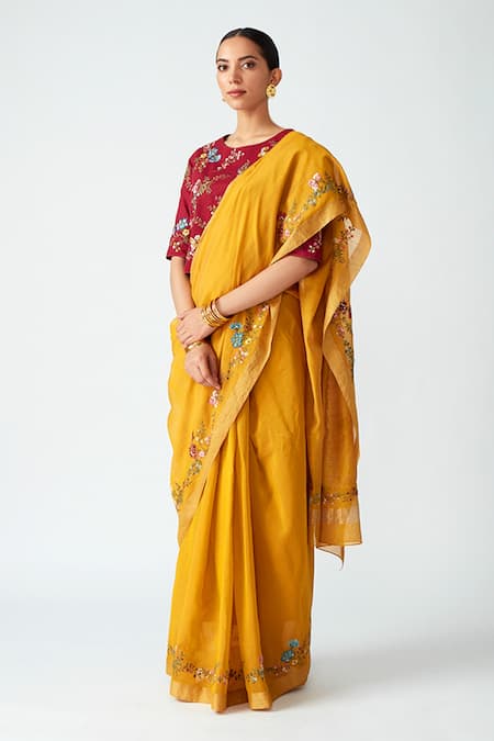 Payal Pratap_Yellow Chanderi Floral Motifs, Jaal Work Begonia Embroidered Saree _Online_at_Aza_Fashions