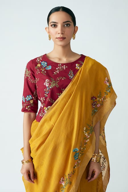 Buy_Payal Pratap_Yellow Chanderi Floral Motifs, Jaal Work Begonia Embroidered Saree _Online_at_Aza_Fashions
