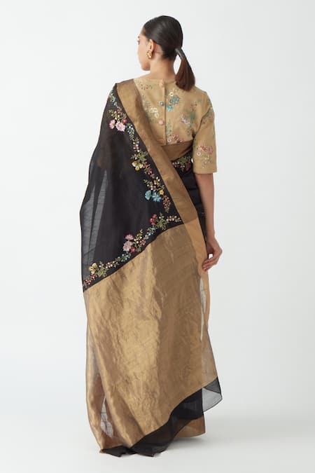 Shop Payal Pratap Black Chanderi Floral Motifs, Jaal Work Zenobia Embroidered Saree at Aza Fashions Shop_Payal Pratap_Black Chanderi Floral Motifs, Jaal Work Zenobia Embroidered Saree _at_Aza_Fashions