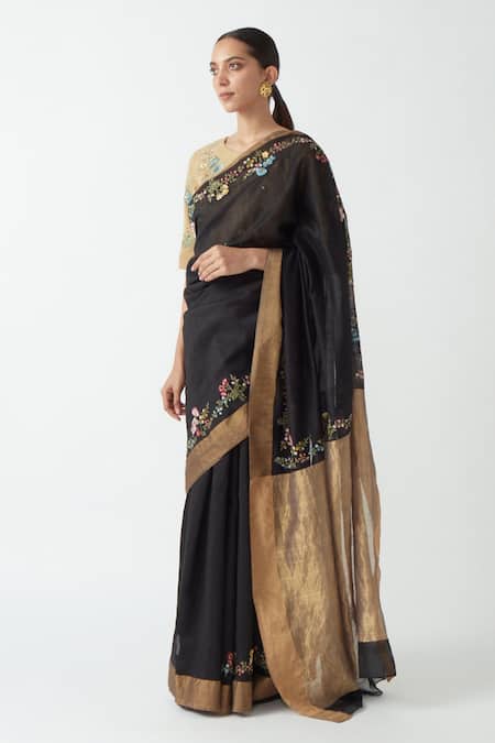 Payal Pratap Black Chanderi Floral Motifs, Jaal Work Zenobia Embroidered Saree Online at Aza Fashions Payal Pratap_Black Chanderi Floral Motifs, Jaal Work Zenobia Embroidered Saree _Online_at_Aza_Fashions