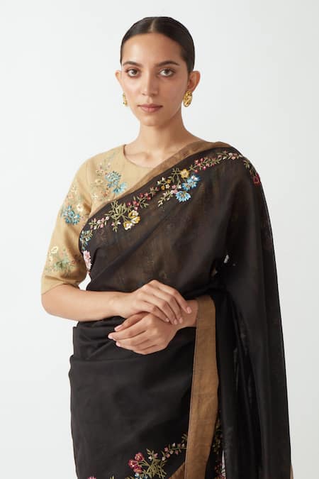 Buy Payal Pratap Black Chanderi Floral Motifs, Jaal Work Zenobia Embroidered Saree Online at Aza Fashions Buy_Payal Pratap_Black Chanderi Floral Motifs, Jaal Work Zenobia Embroidered Saree _Online_at_Aza_Fashions
