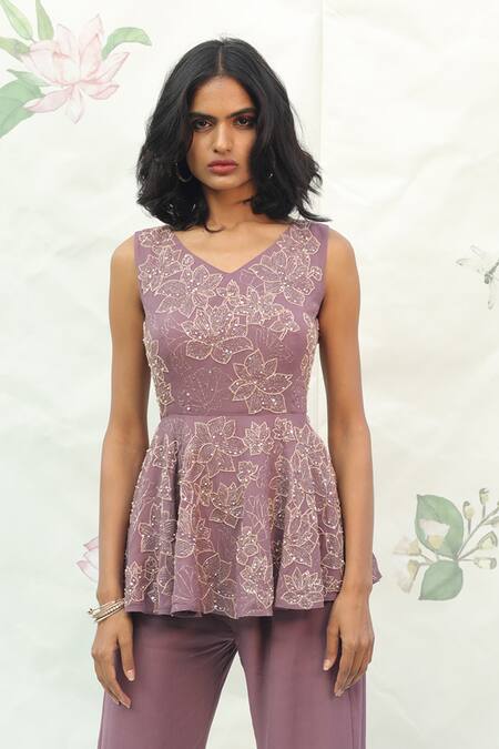 Shop_Taavare_Purple Georgette V Neck Embroidered Kurta And Pant Set _Online_at_Aza_Fashions