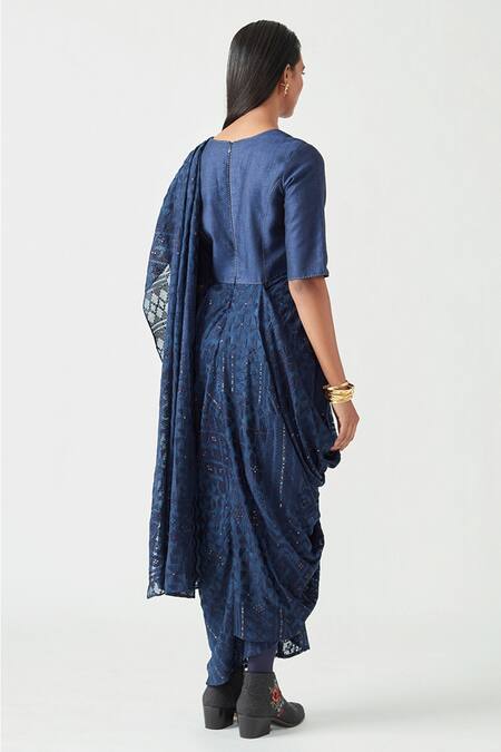 Payal Pratap Blue Cotton Silk Embroidery Round Racheal Drape Saree Online at Aza Fashions Payal Pratap_Blue Cotton Silk Embroidery Round Racheal Drape Saree _Online_at_Aza_Fashions