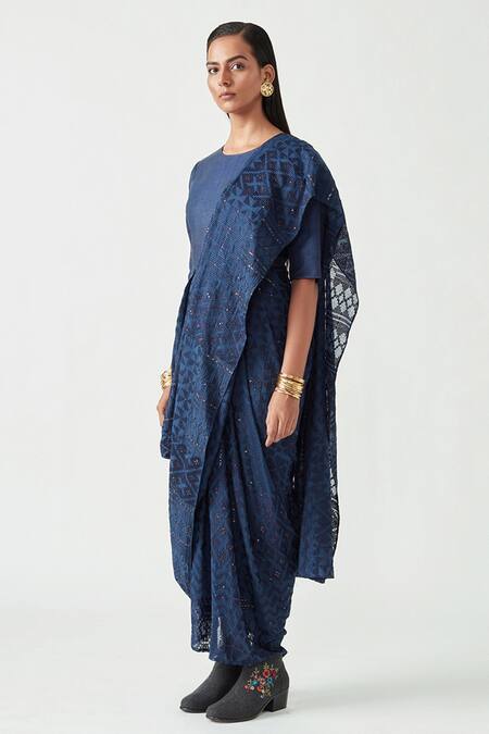 Buy Payal Pratap Blue Cotton Silk Embroidery Round Racheal Drape Saree Online at Aza Fashions Buy_Payal Pratap_Blue Cotton Silk Embroidery Round Racheal Drape Saree _Online_at_Aza_Fashions