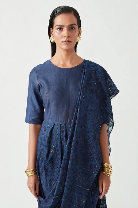 Shop Payal Pratap Blue Cotton Silk Embroidery Round Racheal Drape Saree Online at Aza Fashions Shop_Payal Pratap_Blue Cotton Silk Embroidery Round Racheal Drape Saree _Online_at_Aza_Fashions