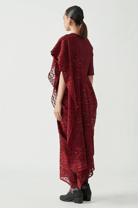 Payal Pratap Maroon Cotton Silk Embroidery Round Racheal Drape Saree Online at Aza Fashions Payal Pratap_Maroon Cotton Silk Embroidery Round Racheal Drape Saree _Online_at_Aza_Fashions