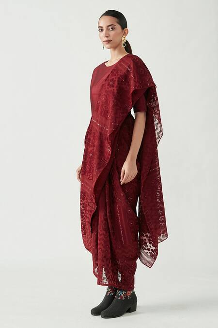 Buy Payal Pratap Maroon Cotton Silk Embroidery Round Racheal Drape Saree Online at Aza Fashions Buy_Payal Pratap_Maroon Cotton Silk Embroidery Round Racheal Drape Saree _Online_at_Aza_Fashions