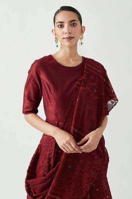 Shop Payal Pratap Maroon Cotton Silk Embroidery Round Racheal Drape Saree Online at Aza Fashions Shop_Payal Pratap_Maroon Cotton Silk Embroidery Round Racheal Drape Saree _Online_at_Aza_Fashions