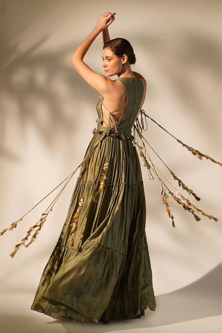 Nikita Mhaisalkar_Green Silk Cut Work, Tassels, Embroidery Halter Neck Maxi Dress _Online_at_Aza_Fashions