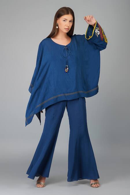 Devyani Mehrotra_Blue Viscose Double Georgette Embroidered Applique V Floral Kaftan And Pant Set_Online_at_Aza_Fashions