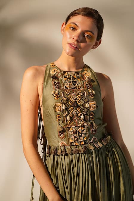 Shop_Nikita Mhaisalkar_Green Silk Cut Work, Tassels, Embroidery Halter Neck Maxi Dress _Online_at_Aza_Fashions