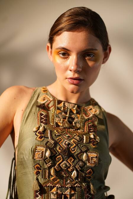 Nikita Mhaisalkar_Green Silk Cut Work, Tassels, Embroidery Halter Neck Maxi Dress _at_Aza_Fashions