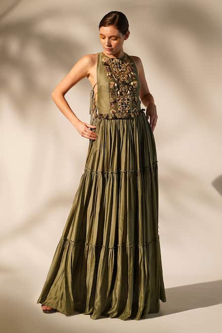 Buy_Nikita Mhaisalkar_Green Silk Cut Work, Tassels, Embroidery Halter Neck Maxi Dress _Online_at_Aza_Fashions