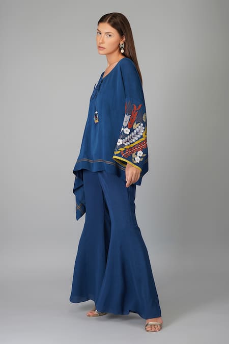 Buy_Devyani Mehrotra_Blue Viscose Double Georgette Embroidered Applique V Floral Kaftan And Pant Set_Online_at_Aza_Fashions