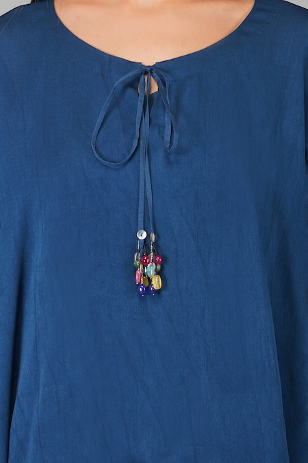 Shop_Devyani Mehrotra_Blue Viscose Double Georgette Embroidered Applique V Floral Kaftan And Pant Set_Online_at_Aza_Fashions