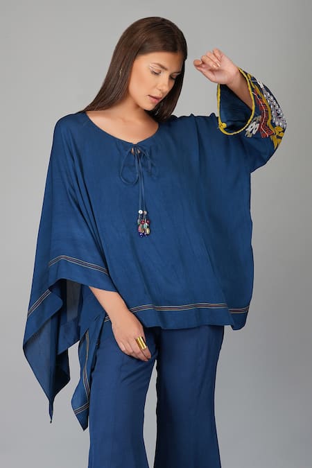 Devyani Mehrotra_Blue Viscose Double Georgette Embroidered Applique V Floral Kaftan And Pant Set_at_Aza_Fashions