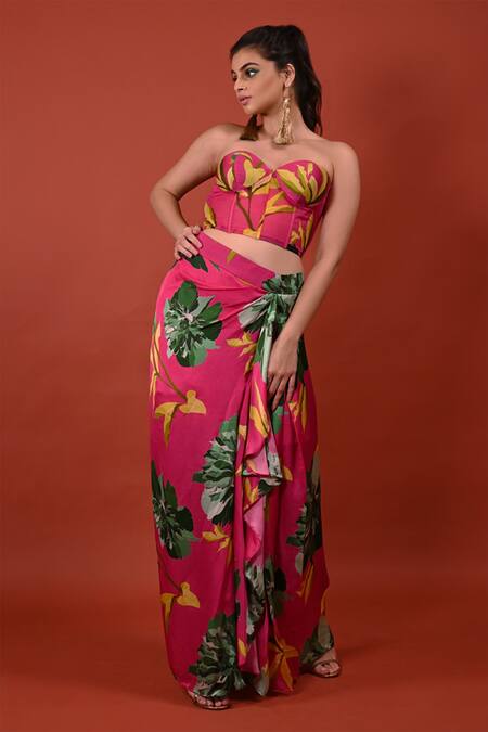 Rimi Nayak Pink Modal, Satin Chrysanthemum Floral Print Draped Skirt Online at Aza Fashions Rimi Nayak_Pink Modal, Satin Chrysanthemum Floral Print Draped Skirt _Online_at_Aza_Fashions