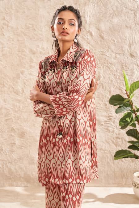 Aditi Somani Pink Modal, Satin Tassels Collared Printed Shirt Tunic And Pant Set Online at Aza Fashions Aditi Somani_Pink Modal, Satin Tassels Collared Printed Shirt Tunic And Pant Set _Online_at_Aza_Fashions
