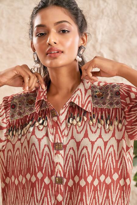 Buy Aditi Somani Pink Modal, Satin Tassels Collared Printed Shirt Tunic And Pant Set Online at Aza Fashions Buy_Aditi Somani_Pink Modal, Satin Tassels Collared Printed Shirt Tunic And Pant Set _Online_at_Aza_Fashions