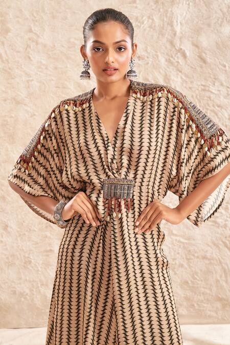 Aditi Somani_Brown Modal, Satin Embroidery V-neck Overlap Knotted Dress _Online_at_Aza_Fashions