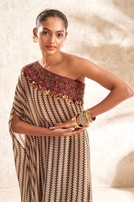 Aditi Somani Brown Crepe Tassels Asymmetric One Shoulder Tunic Online at Aza Fashions Aditi Somani_Brown Crepe Tassels Asymmetric One Shoulder Tunic _Online_at_Aza_Fashions