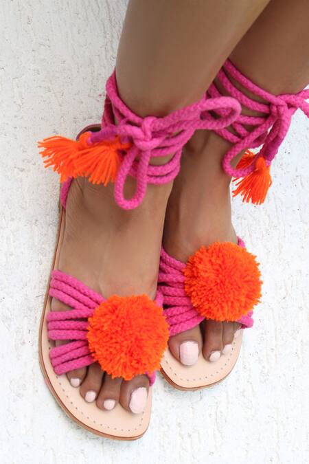 Sandalwali Pink -poms Tie Up Sandals Online at Aza Fashions Sandalwali_Pink -poms Tie Up Sandals _Online_at_Aza_Fashions