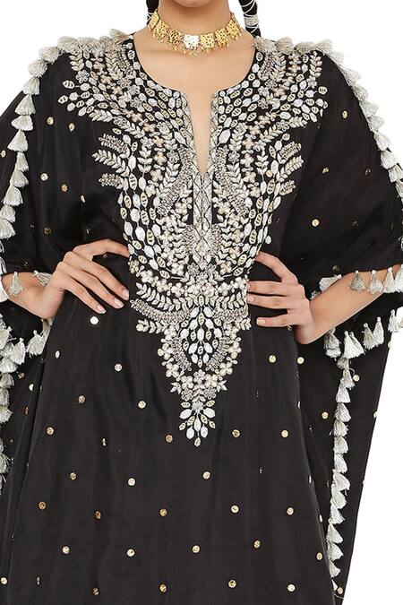 Shop_Payal Singhal_Black Abutai Silk Embroidered Mukaish Notched Aarasi Kaftan And Palazzo Set _Online_at_Aza_Fashions